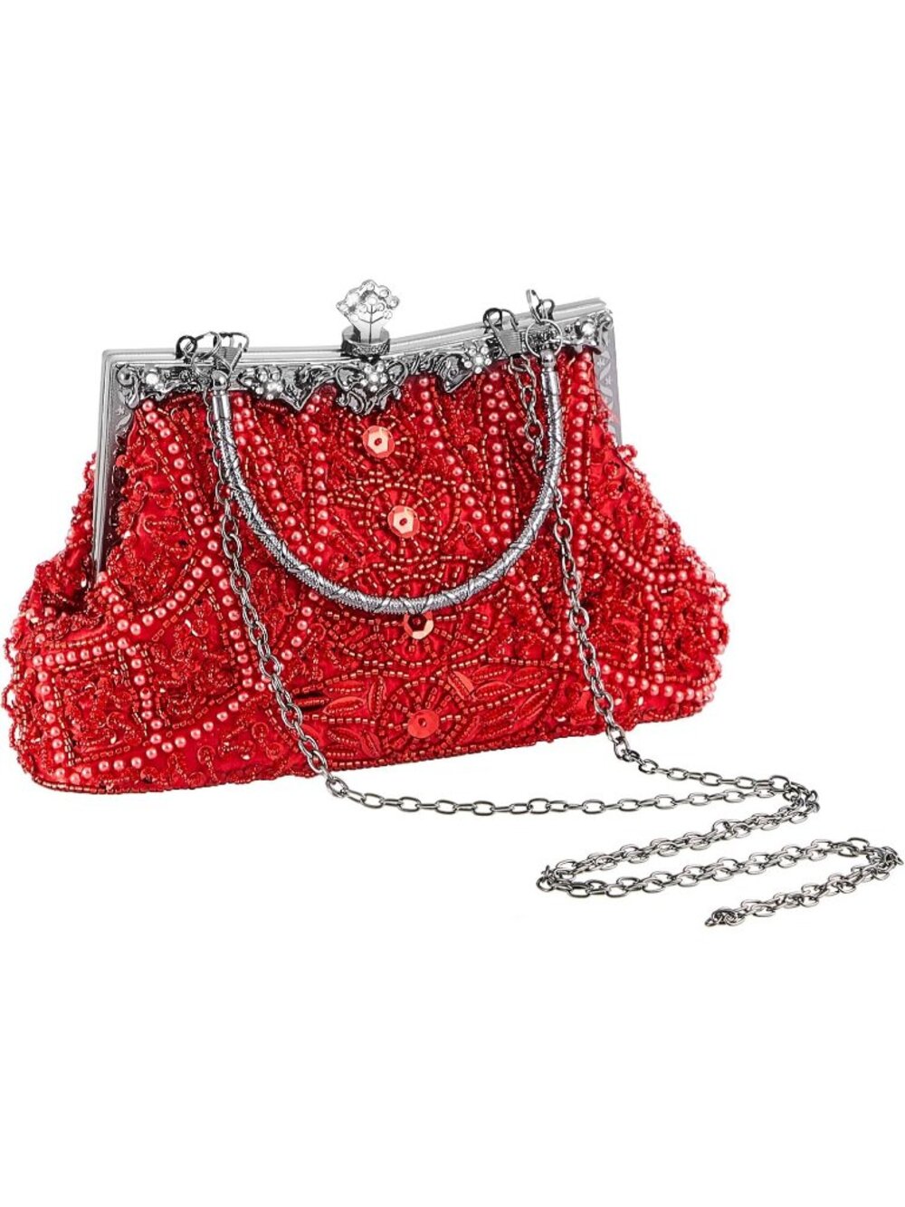 Womens Red Beaded Rhinestone 1920s Flapper Kiss Lock Frame Evening Bag Clutch